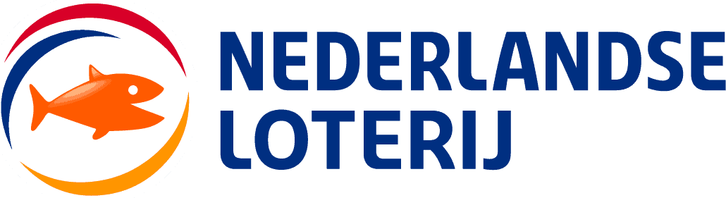 Logo van de Nederlandse Loterij met een oranje vis in een cirkelvormig ontwerp met rode en blauwe swooshes en de tekst 