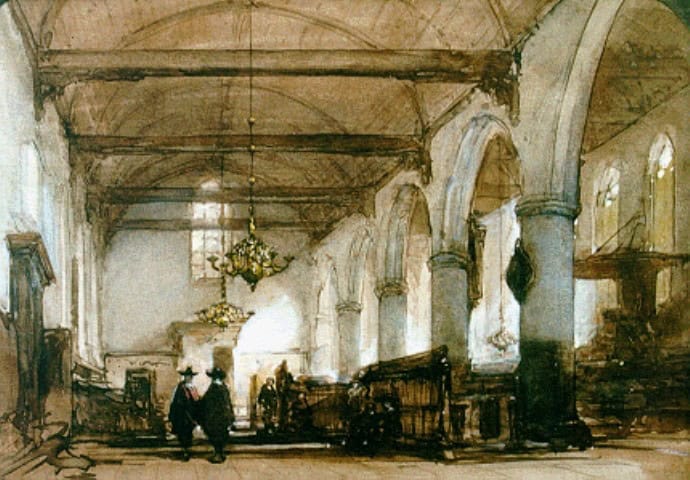 Schilderij van een groot, sierlijk kerkinterieur met hoge gewelfde plafonds, boogramen en kroonluchters die aan het plafond hangen. We zien twee figuren naar achteren lopen, waarvan er één een pijl draagt alsof ze net uit de handboogschietoefening komen.